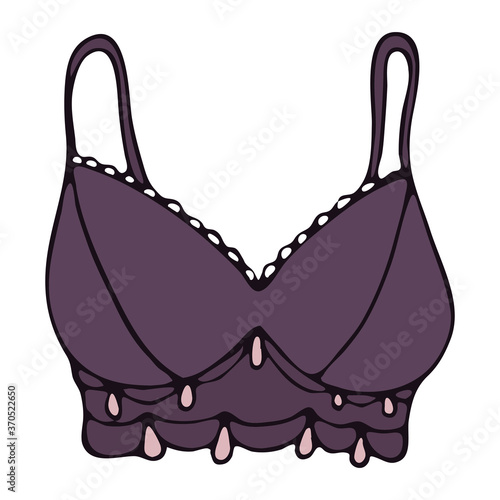 set of female sexy underwear - bra, top, top from a swimsuit, Violet vector elements in doodle style with black outline