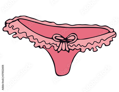set of female sexy underwear - cute lace lace briefs with ruffles, pink vector elements in doodle style with black outline