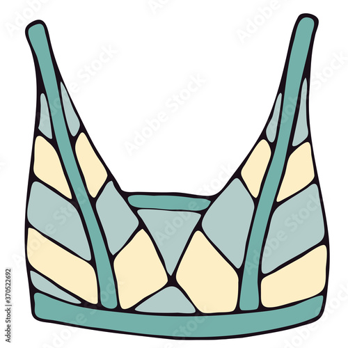 set of female sexy underwear - bra, top, top from a swimsuit, blue vector elements in doodle style with black outline
