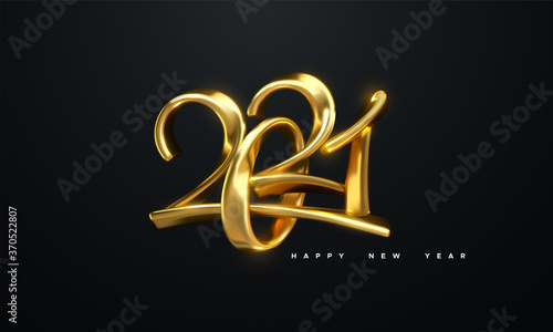 Happy New 2021 Year. Holiday vector illustration of golden metallic calligraphic numbers 2021. Realistic 3d sign. Festive poster or banner design. Modern lettering composition
