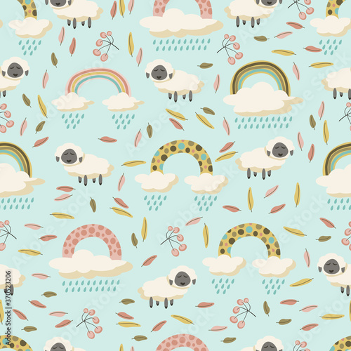 Seamless pattern with leaves, rainbow, sheep, clouds, rain and berries. Autumn. Fall. Сhildren's style. Kid's style.