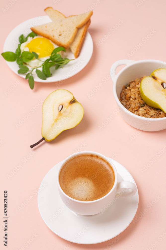 healthy breakfast of coffee and scrambled eggs. healthy breakfast of coffee and scrambled eggs.