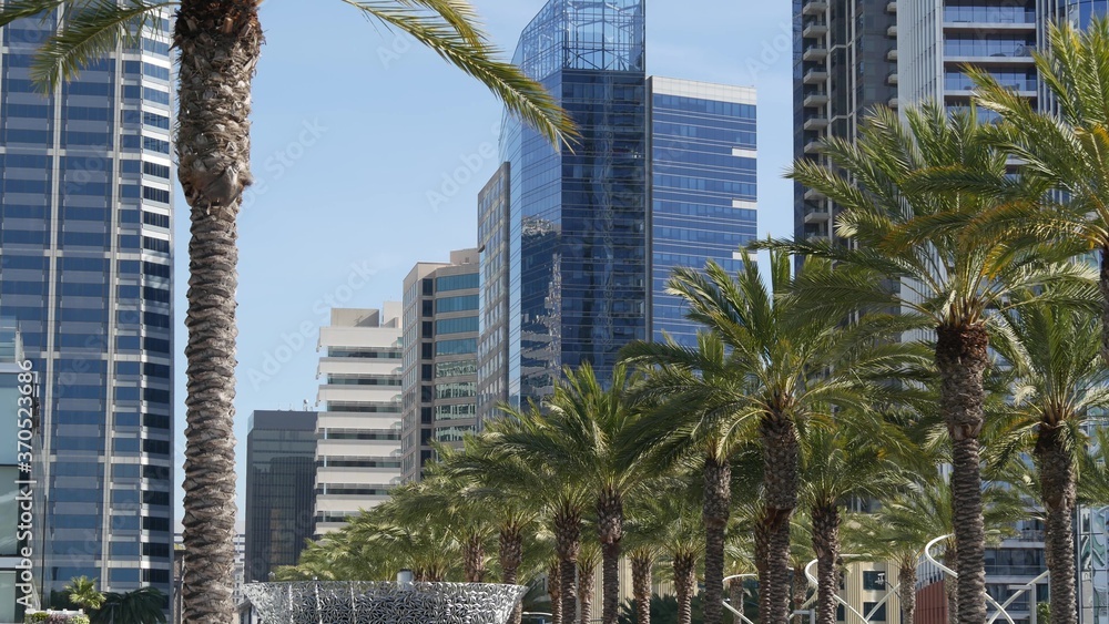 Metropolis urban skyline, downtown of San Diego city, California, USA. Highrise skyscrapers facade in financial district. Contemporary architecture, futuristic modern high business towers in America