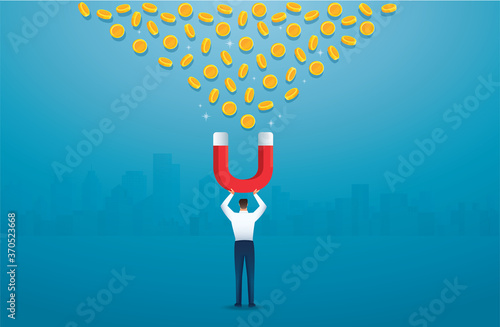 man holding magnet. attracting money concept. vector illustration