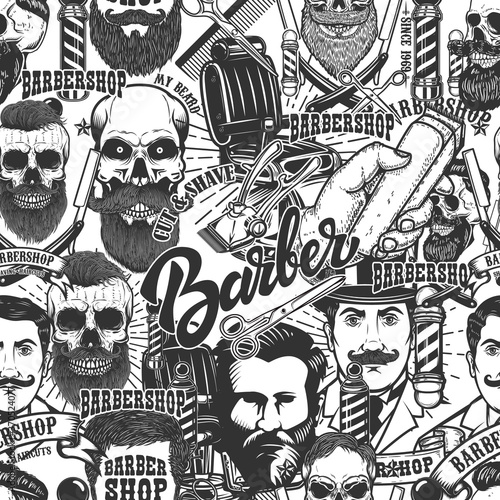 Seamless pattern with barbershop design elements in monochrome style. Design element for poster, card, banner. Vector illustration