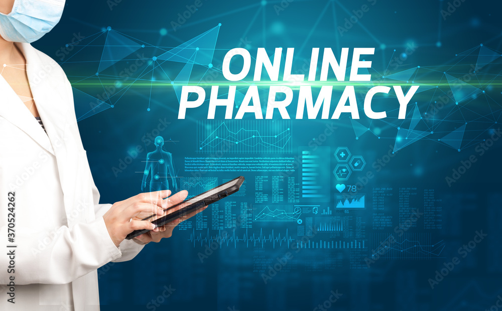 doctor writes notes on the clipboard with ONLINE PHARMACY inscription, medical diagnosis concept doctor writes notes on the clipboard with ONLINE PHARMACY inscription, medical diagnosis concept