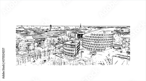 Building view with landmark of Alphen aan den Rijn is a city and municipality in the western Netherlands. Hand drawn sketch illustration in vector.
