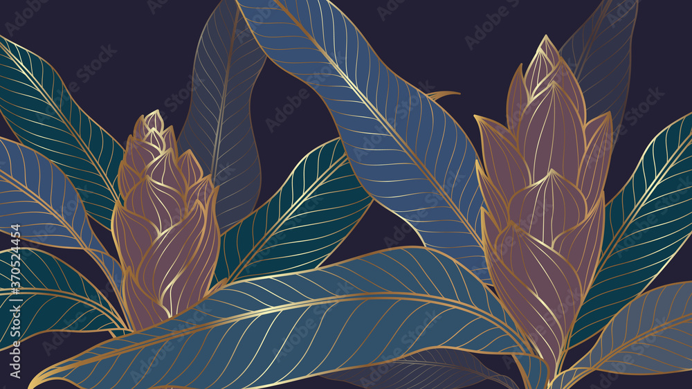 Luxury tropical leaf, floral and nature line art ink drawing background vector. Leaves and Floral pattern  vector illustration. - obrazy, fototapety, plakaty 