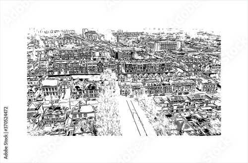 Building view with landmark of Alphen aan den Rijn is a city and municipality in the western Netherlands. Hand drawn sketch illustration in vector.