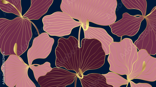 Luxury elegant gold orchids floral line arts pattern and black background. Topical flower wallpaper design, Fabric, surface design. Vector illustration.