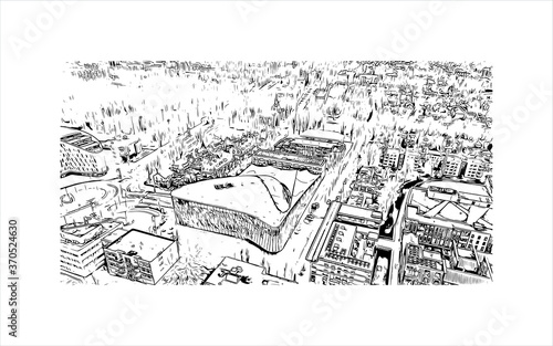 Building view with landmark of Alphen aan den Rijn is a city and municipality in the western Netherlands. Hand drawn sketch illustration in vector.