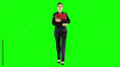 Female Office Worker Carrying Document Binders Green Screen