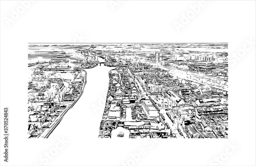 Building view with landmark of Alphen aan den Rijn is a city and municipality in the western Netherlands. Hand drawn sketch illustration in vector.