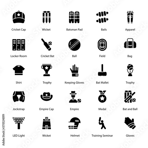 Cricket Glyph Vector Icons Set