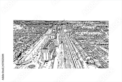 Building view with landmark of Alphen aan den Rijn is a city and municipality in the western Netherlands. Hand drawn sketch illustration in vector.