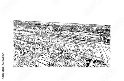 Building view with landmark of Alphen aan den Rijn is a city and municipality in the western Netherlands. Hand drawn sketch illustration in vector.