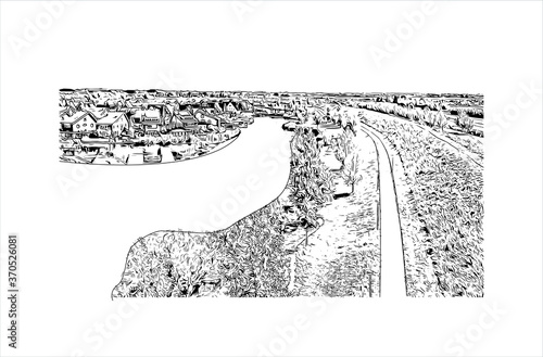 Building view with landmark of Alphen aan den Rijn is a city and municipality in the western Netherlands. Hand drawn sketch illustration in vector.
