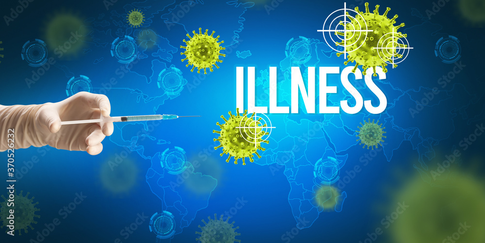 Close-up view of doctor's hand in a white glove holding syringe with ILLNESS inscription, coronavirus antidote concept Close-up view of doctor's hand in a white glove holding syringe with ILLNESS inscription, coronavirus antidote concept