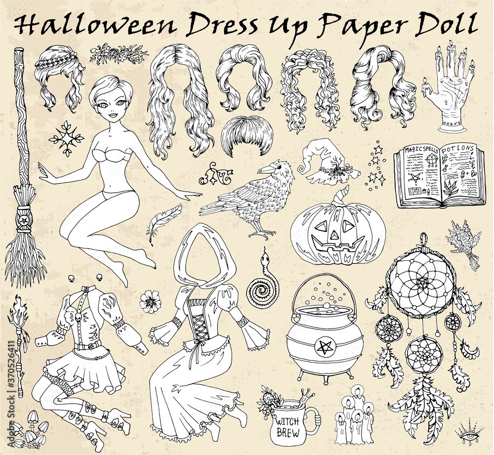 Set of dress up paper doll with Halloween witch clothes, crow, broom and scary objects.