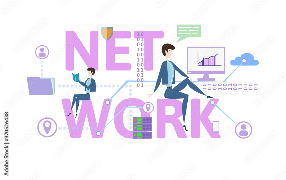 Network. Concept with keywords, letters and icons. Colored flat vector illustration on white background.