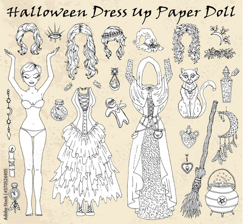 Set of dress up paper doll with Halloween witch clothes, cat, pot, magic bottles.