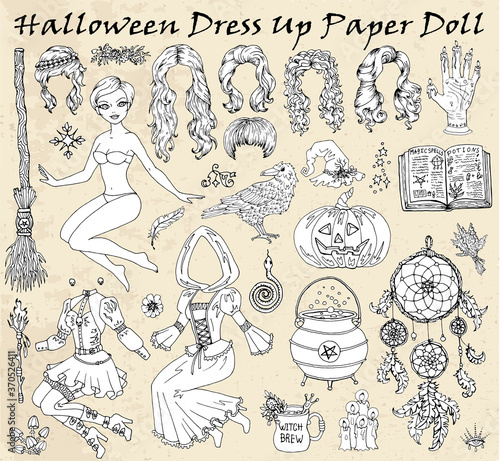 Set of dress up paper doll with Halloween witch clothes, crow, broom and scary objects.