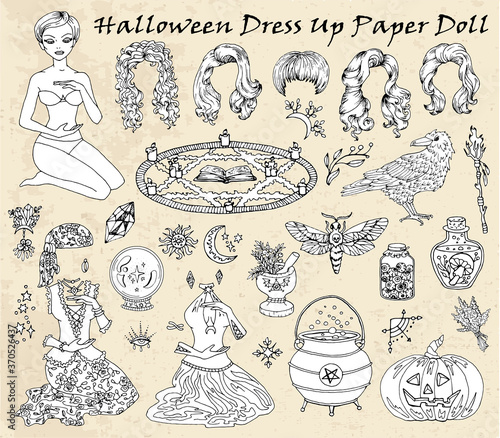 Set of dress up paper doll with Halloween witch costumes, crow, moth and pumpkin.