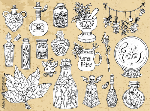 Set of scary Halloween traditional symbols and objects with witch bottles, herbs and magic potion.