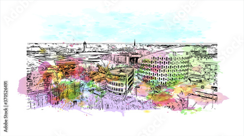 Building view with landmark of Alphen aan den Rijn is a city and municipality in the western Netherlands. Watercolor splash with hand drawn sketch illustration in vector.