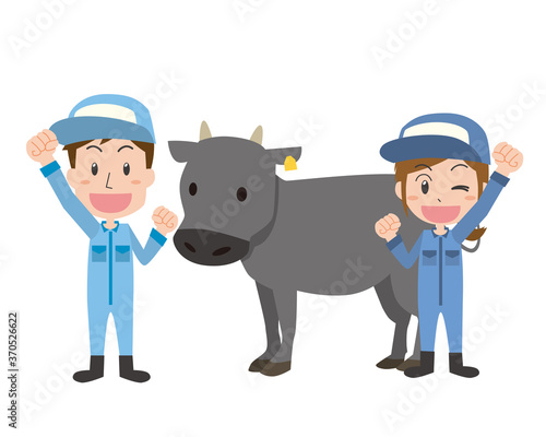 畜産家の男女と肉牛