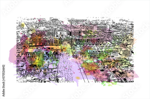 Building view with landmark of Alphen aan den Rijn is a city and municipality in the western Netherlands. Watercolor splash with hand drawn sketch illustration in vector.