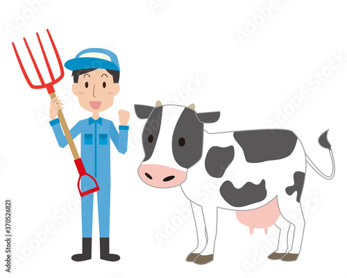 酪農家の男性と乳牛