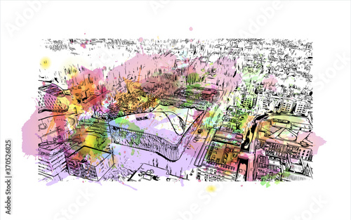 Building view with landmark of Alphen aan den Rijn is a city and municipality in the western Netherlands. Watercolor splash with hand drawn sketch illustration in vector.