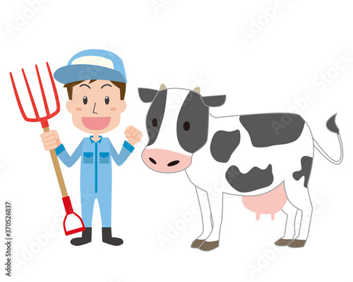 酪農家の男性と乳牛