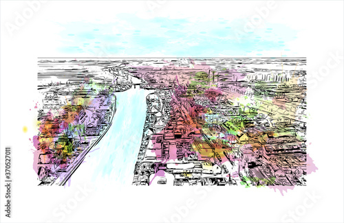 Building view with landmark of Alphen aan den Rijn is a city and municipality in the western Netherlands. Watercolor splash with hand drawn sketch illustration in vector.