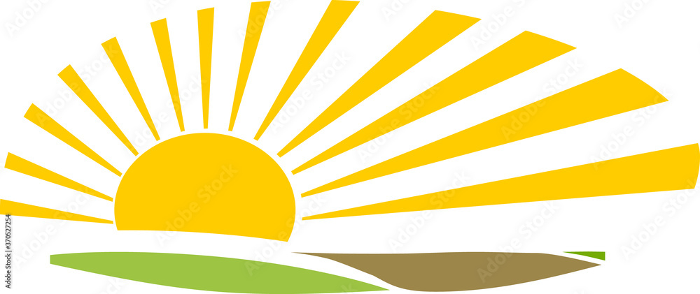 Abstract agriculture border with yellow sun and green and plowed field in flat style