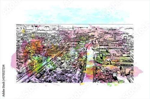 Building view with landmark of Alphen aan den Rijn is a city and municipality in the western Netherlands. Watercolor splash with hand drawn sketch illustration in vector.