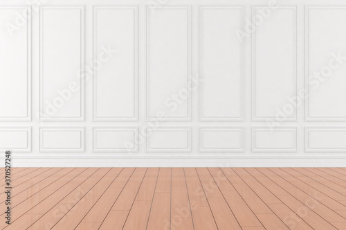 3D render of empty room with wooden floor and classic wall.