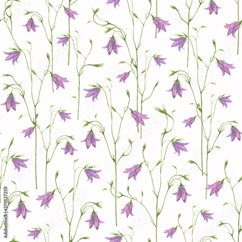 Seamless floral pattern for fabric, wrapping paper, wallpaper, design. Delicate lilac bell flowers on a white background.
