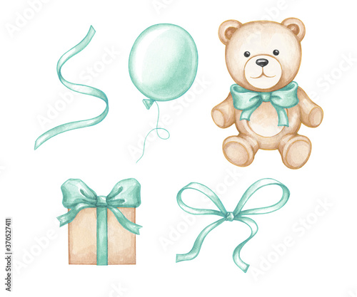 Items for the holiday, congratulations in green color: satin ribbons, toy, gift box, balloon. Set of elements for design, scrapbooking. Watercolor illustration.