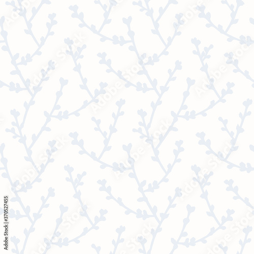 Botanical seamless pattern with light gray silhouettes of twigs on a white background. Delicate and discreet print for fabric  design  wrapping paper or wallpaper.