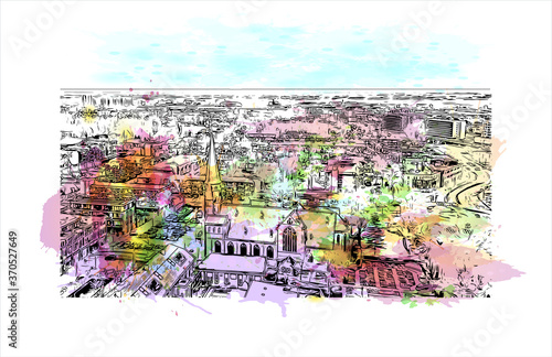 Building view with landmark of Alphen aan den Rijn is a city and municipality in the western Netherlands. Watercolor splash with hand drawn sketch illustration in vector.