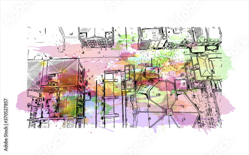 Building view with landmark of Alphen aan den Rijn is a city and municipality in the western Netherlands. Watercolor splash with hand drawn sketch illustration in vector.