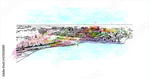 Building view with landmark of Alphen aan den Rijn is a city and municipality in the western Netherlands. Watercolor splash with hand drawn sketch illustration in vector.
