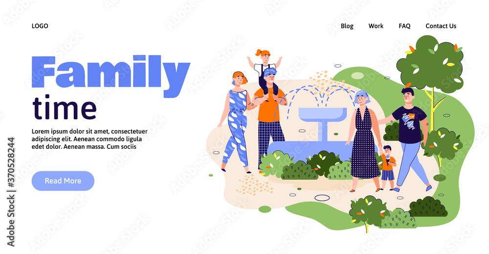 Happy families rest in the city park with fountains, benches and skyscrapers on a summer or spring day in weekends. Design for web. Vector cartoon illustration. Landing page template.