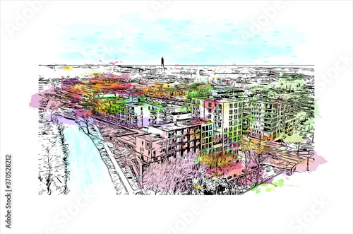 Building view with landmark of Alphen aan den Rijn is a city and municipality in the western Netherlands. Watercolor splash with hand drawn sketch illustration in vector.