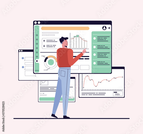 Man working with statistical data analysis, graphs, charts, diagrams on a dashboard. Vector illustration in flat style.