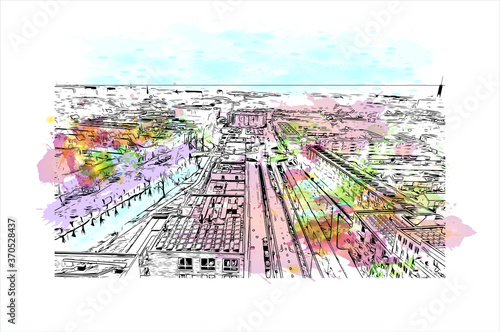 Building view with landmark of Alphen aan den Rijn is a city and municipality in the western Netherlands. Watercolor splash with hand drawn sketch illustration in vector.
