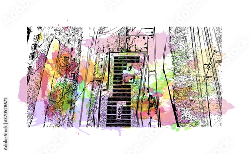 Building view with landmark of Alphen aan den Rijn is a city and municipality in the western Netherlands. Watercolor splash with hand drawn sketch illustration in vector.