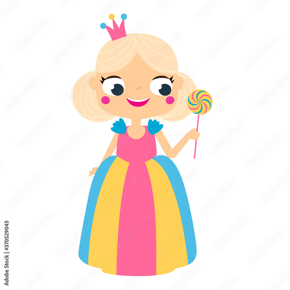 Cartoon girl in beautiful dress, crown and purse. Cute princess. Cartoon girl in beautiful dress, crown and purse. Cute princess.